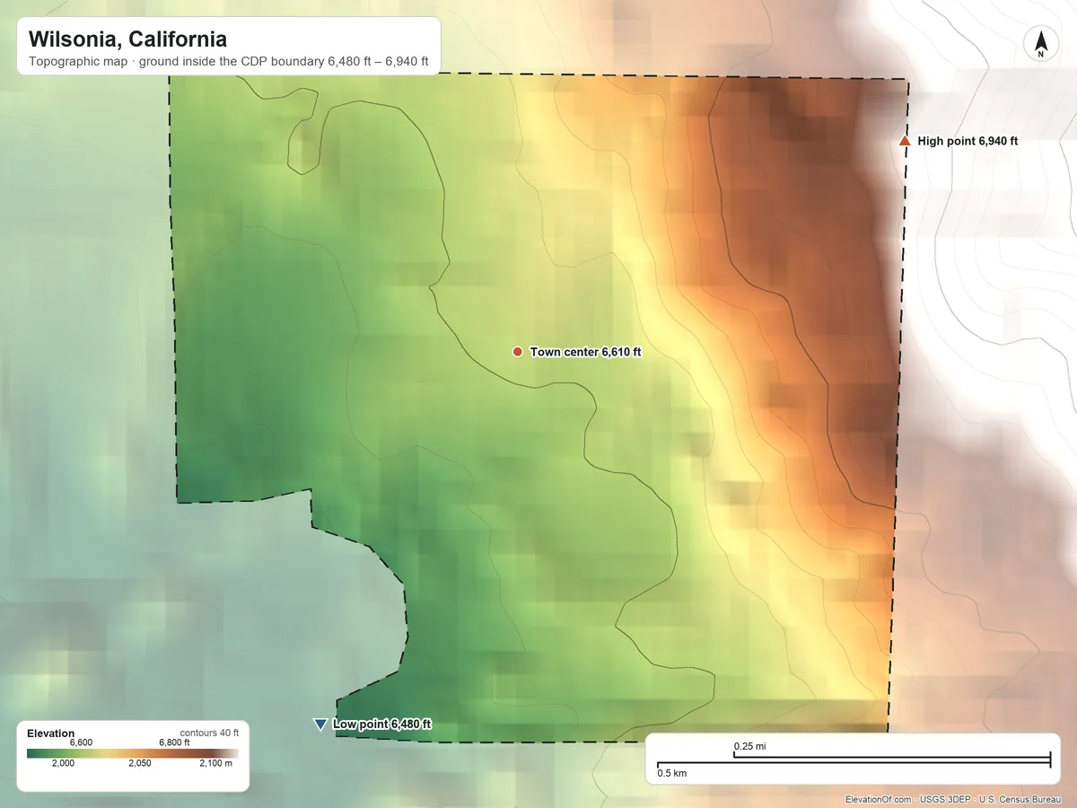 Topographic elevation map of Wilsonia, California, shaded from 6,480 ft on the southwest side to 6,940 ft on the northeast edge, below higher ground just outside