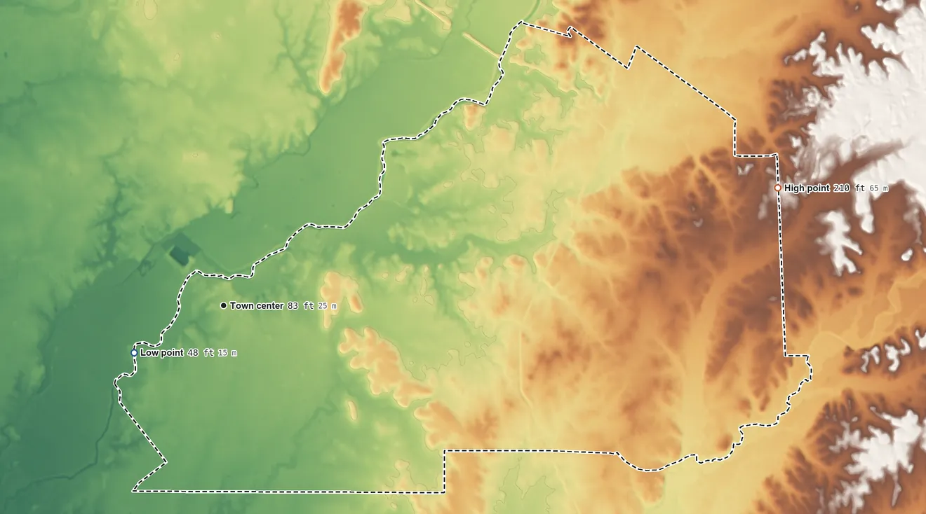 Topographic elevation map of Wilton, California, shaded from 48 ft on the southwest side to 210 ft on the east side