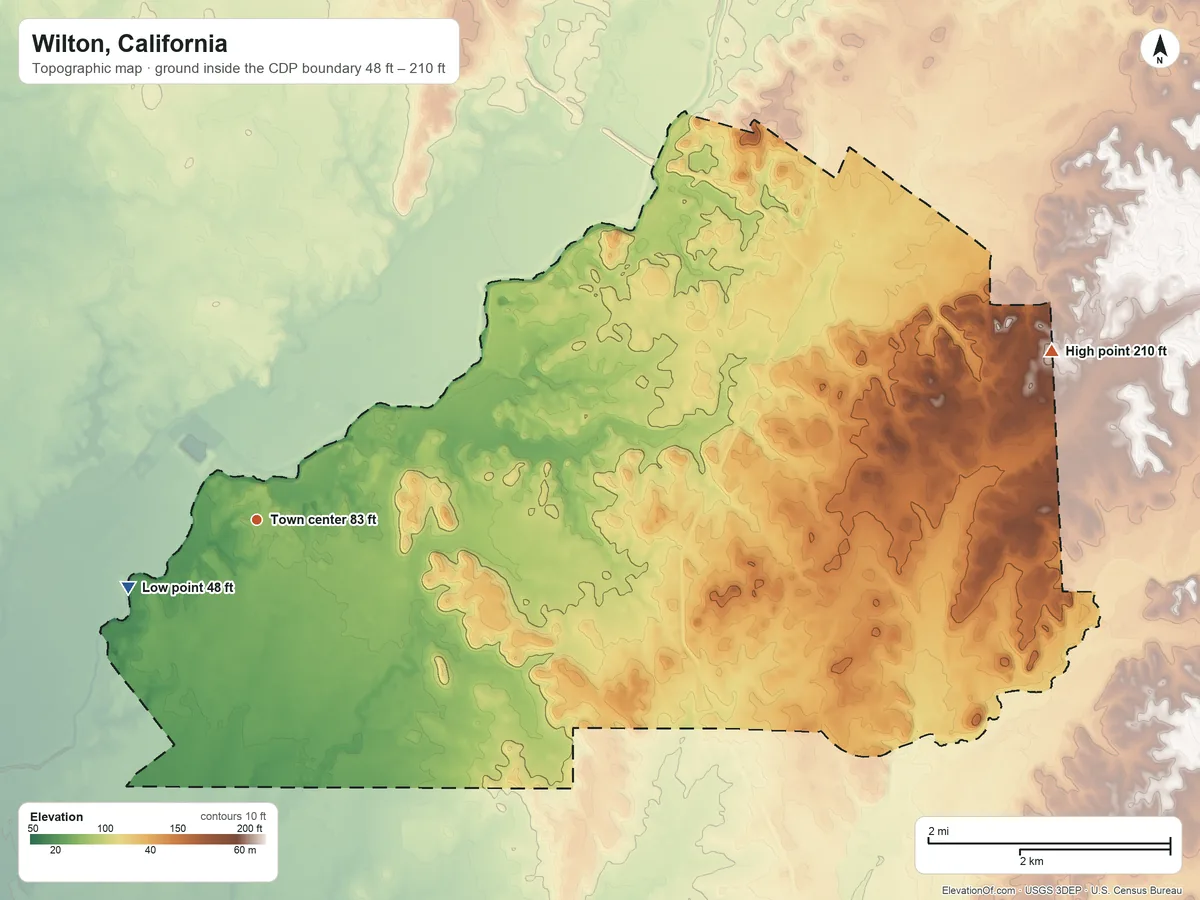 Topographic elevation map of Wilton, California, shaded from 48 ft on the southwest side to 210 ft on the east side