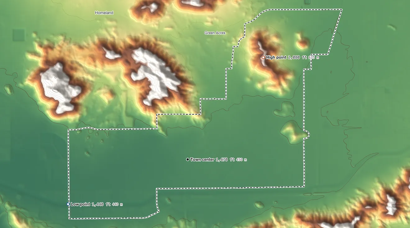 Topographic elevation map of Winchester, California, shaded from 1,440 ft on the west side to 2,080 ft at the foot of the Domenigoni Mountains