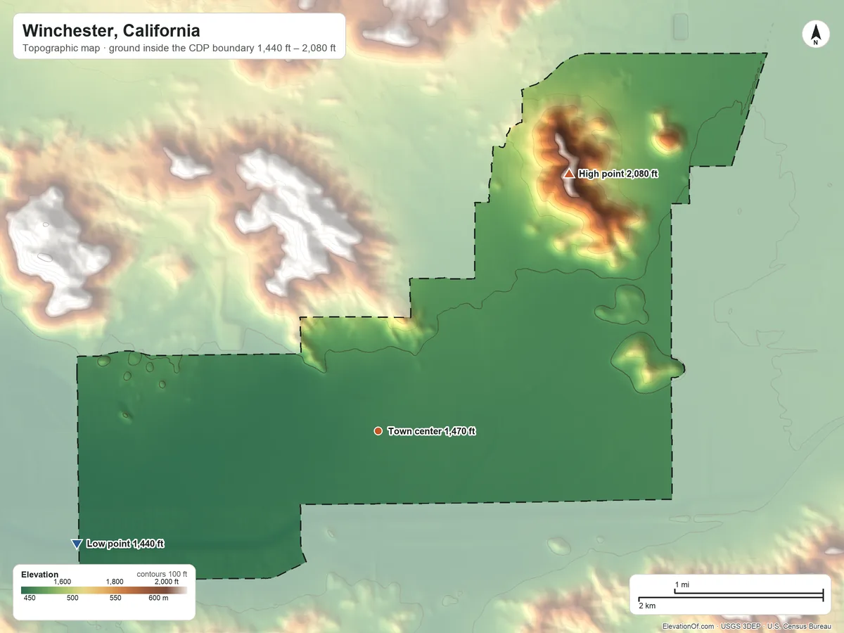 Topographic elevation map of Winchester, California, shaded from 1,440 ft on the west side to 2,080 ft at the foot of the Domenigoni Mountains