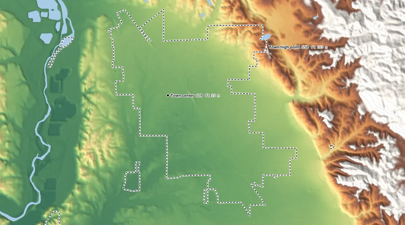 Topographic elevation map of Windsor, California, shaded from 46 ft on the southwest side to 550 ft on the northeast side