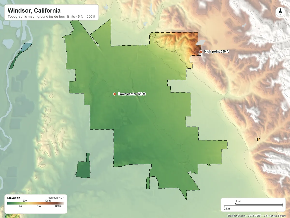 Topographic elevation map of Windsor, California, shaded from 46 ft on the southwest side to 550 ft on the northeast side