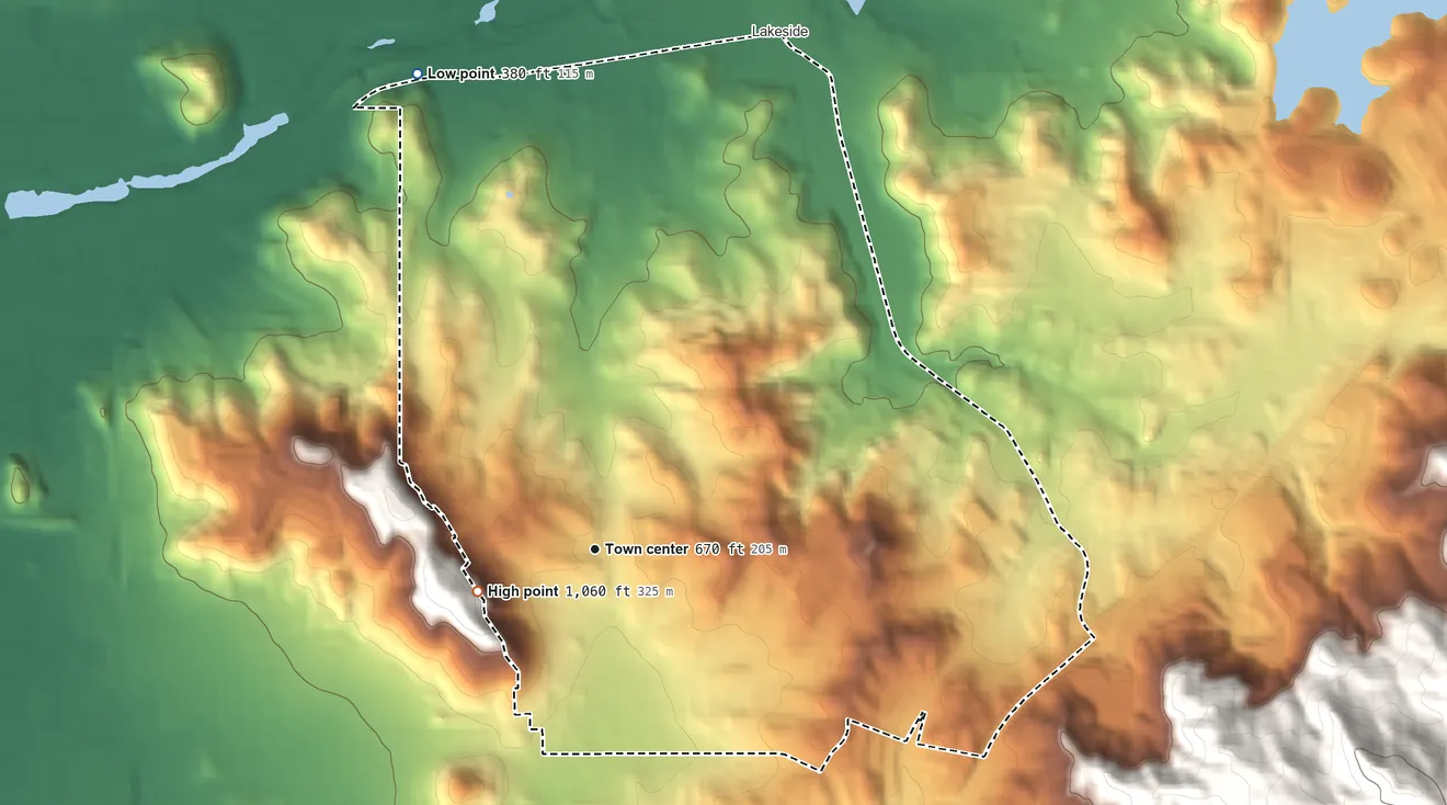 Topographic elevation map of Winter Gardens, California, shaded from 380 ft on the north side to 1,060 ft on the west side