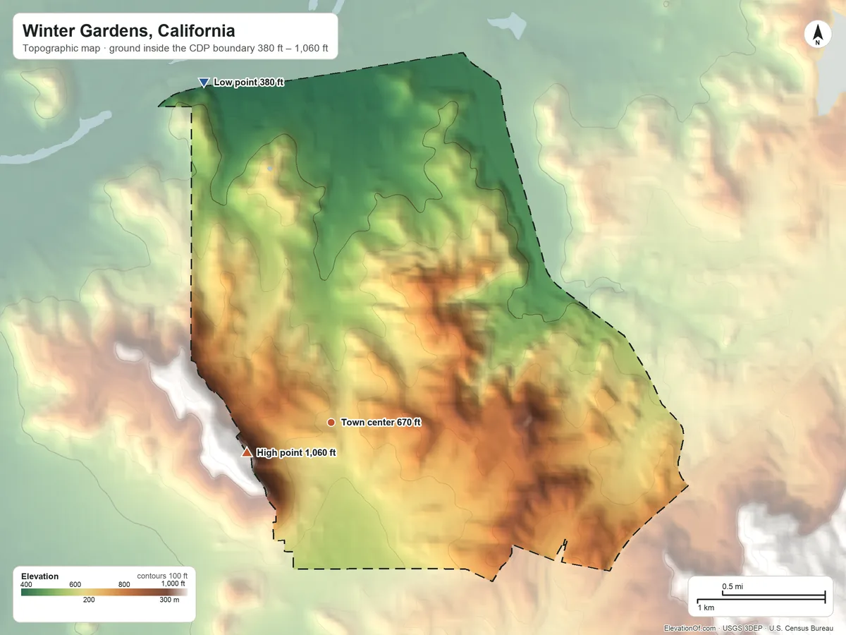 Topographic elevation map of Winter Gardens, California, shaded from 380 ft on the north side to 1,060 ft on the west side