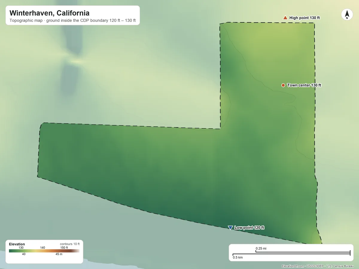 Topographic elevation map of Winterhaven, California, shaded from 120 ft on the south side to 130 ft on the north side