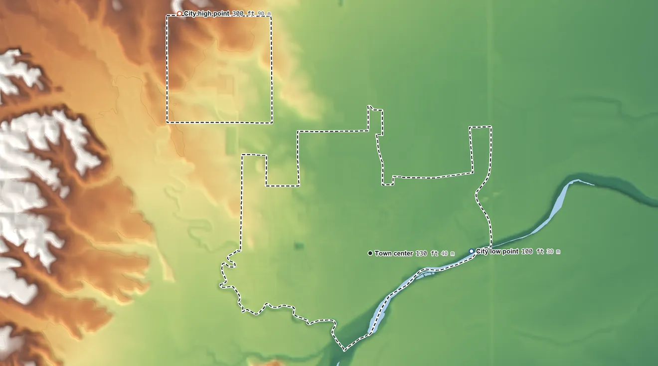 Topographic elevation map of Winters, California, shaded from 100 ft on the east side to 300 ft on the northwest side