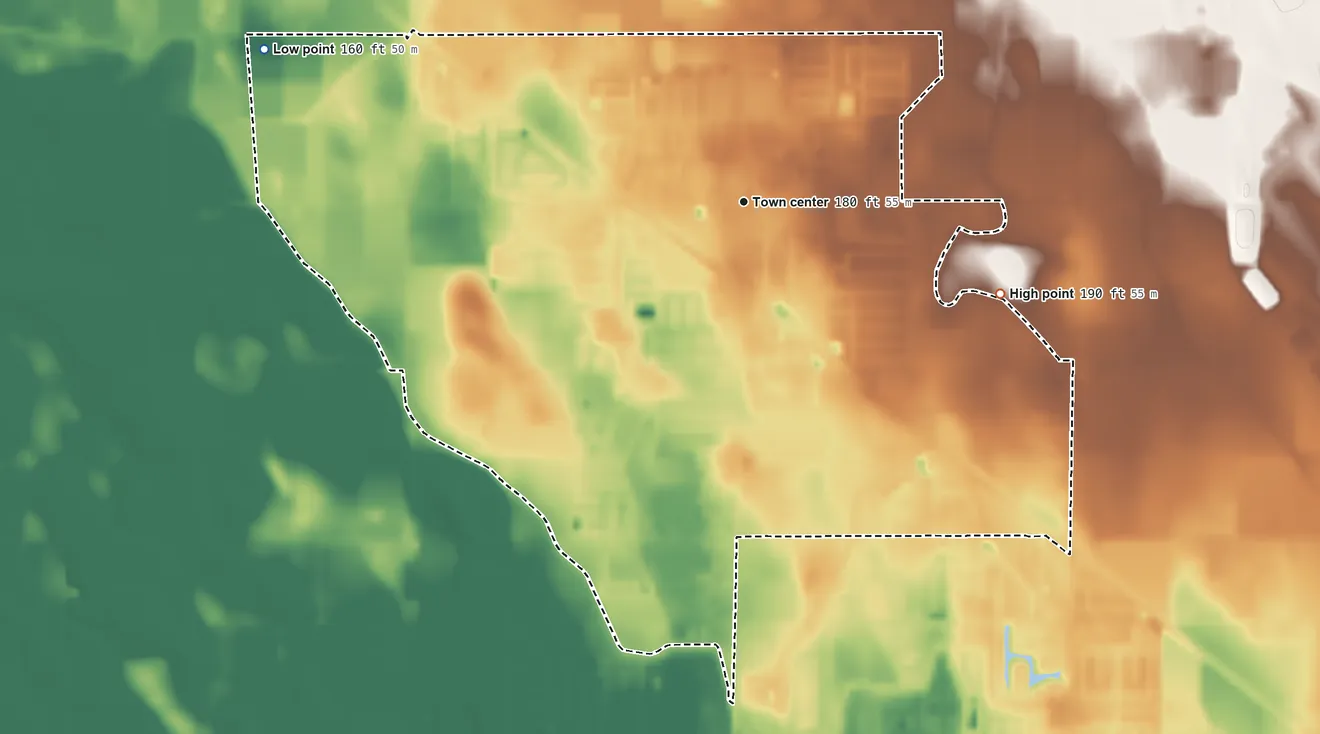 Topographic elevation map of Winton, California, shaded from 160 ft on the west side to 190 ft on the east side