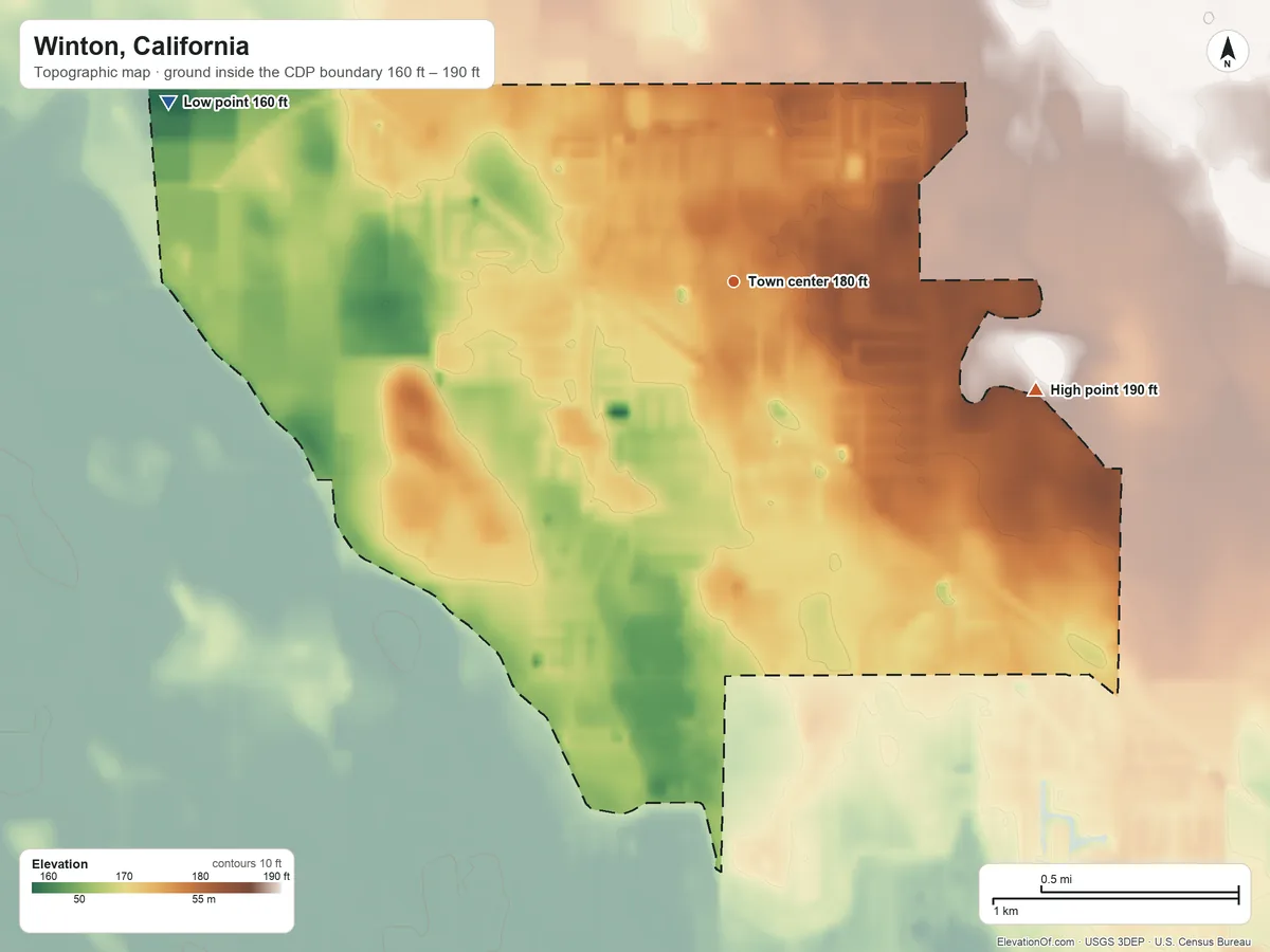 Topographic elevation map of Winton, California, shaded from 160 ft on the west side to 190 ft on the east side