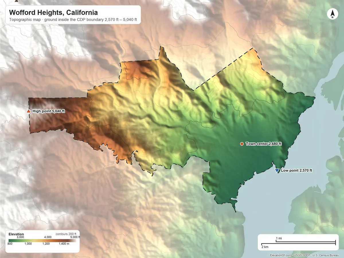 Topographic elevation map of Wofford Heights, California, shaded from 2,570 ft on the southeast side to 5,040 ft at the foot of the Greenhorn Mountains