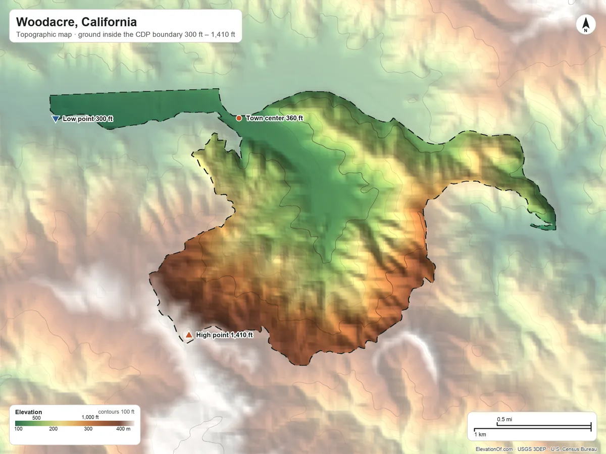 Topographic elevation map of Woodacre, California, shaded from 300 ft on the west side to 1,410 ft on the south edge, below higher ground just outside