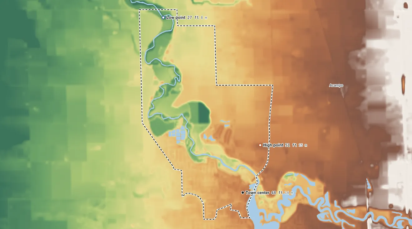 Topographic elevation map of Woodbridge, California, shaded from 27 ft on the northwest side to 51 ft on the north side