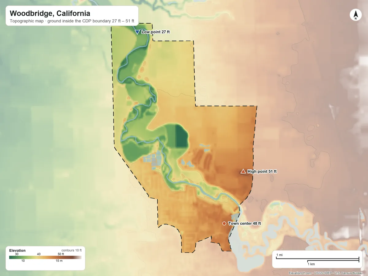Topographic elevation map of Woodbridge, California, shaded from 27 ft on the northwest side to 51 ft on the north side