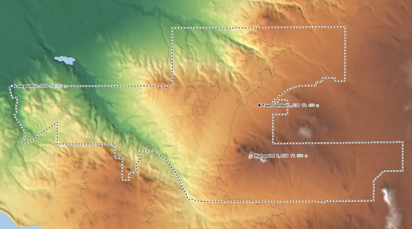 Topographic elevation map of Woodcrest, California, shaded from 1,000 ft on the west side to 1,870 ft on Three Sisters