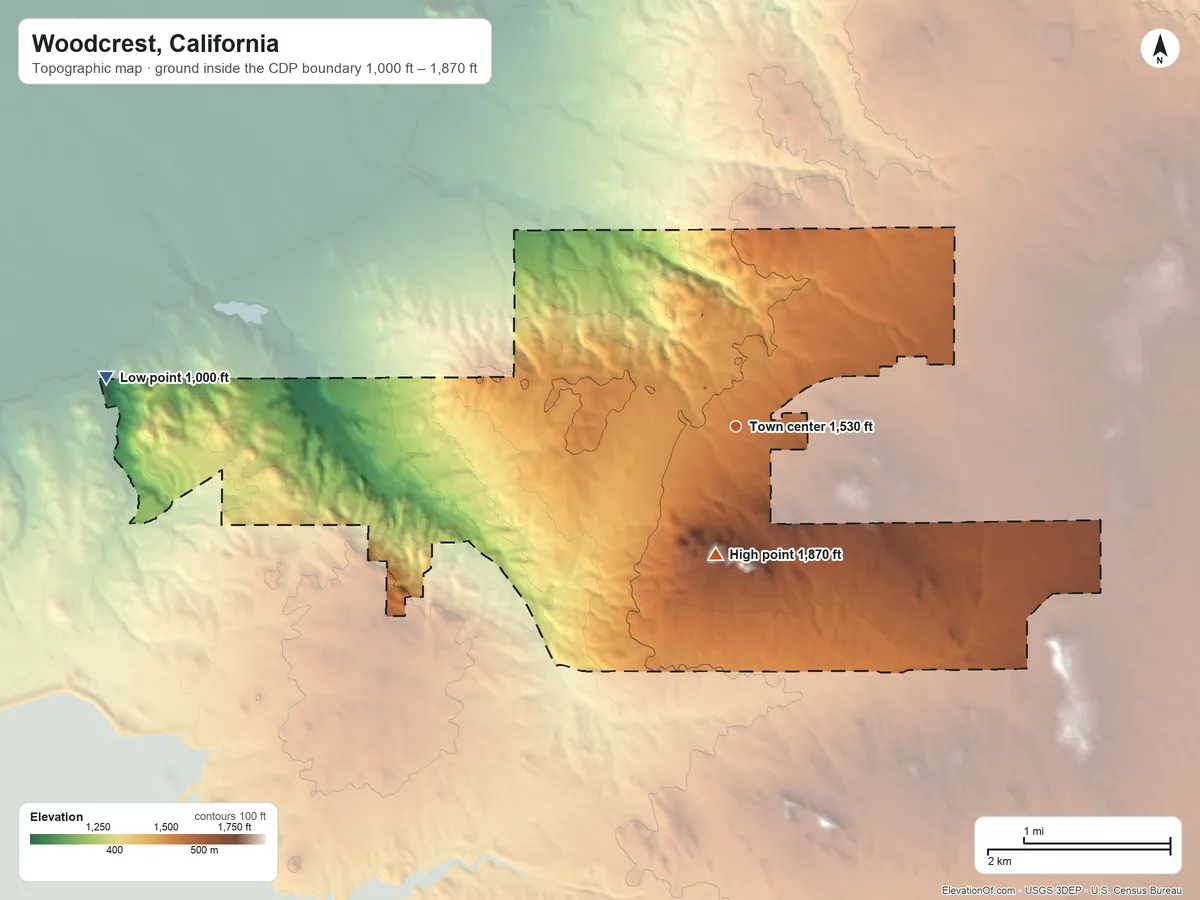 Topographic elevation map of Woodcrest, California, shaded from 1,000 ft on the west side to 1,870 ft on Three Sisters