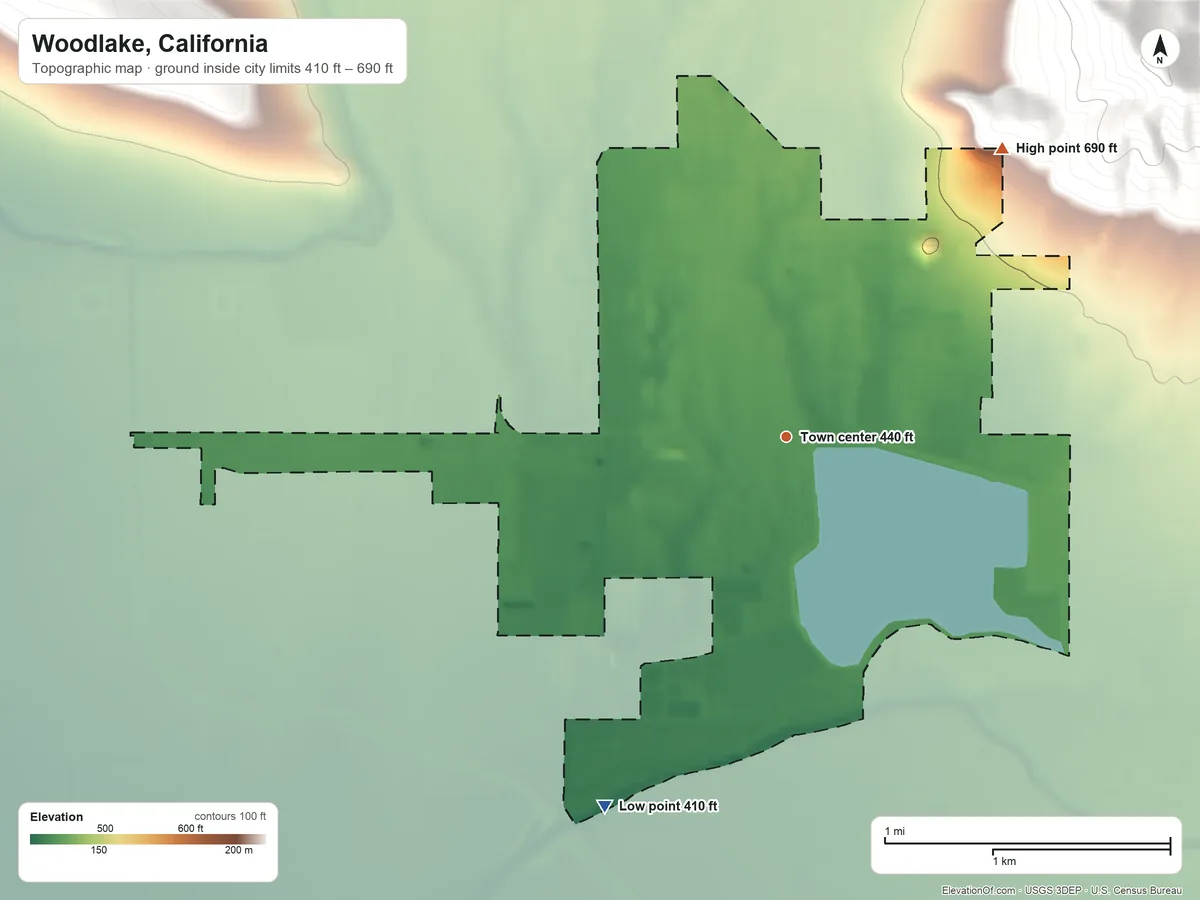 Topographic elevation map of Woodlake, California, shaded from 410 ft on the southwest side to 690 ft at the foot of the Venice Hills