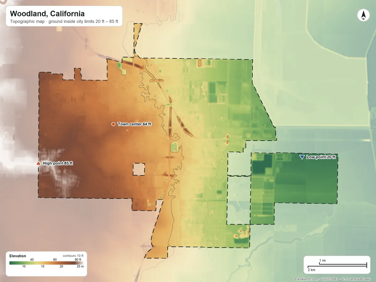 Topographic elevation map of Woodland, California, shaded from 20 ft on the east side to 85 ft on the southwest side