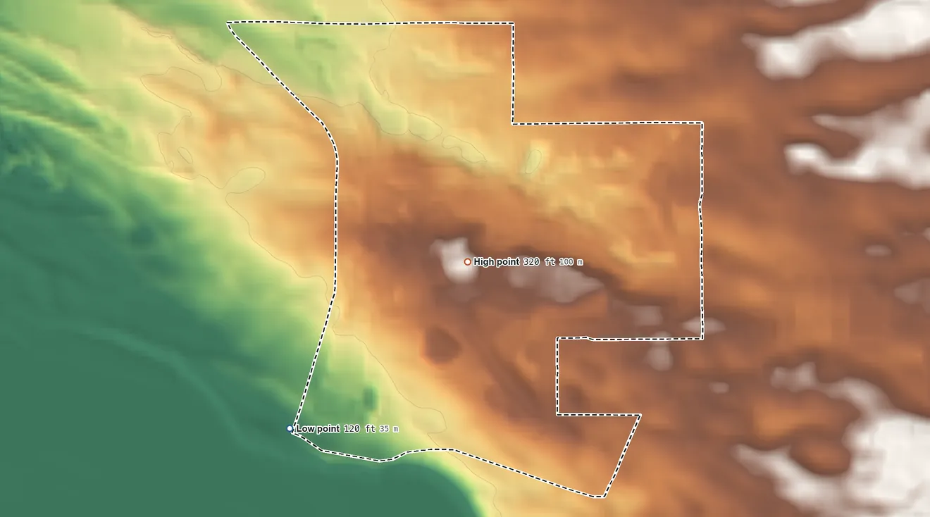 Topographic elevation map of Woodlands, California, shaded from 120 ft on the southwest side to 320 ft near the middle