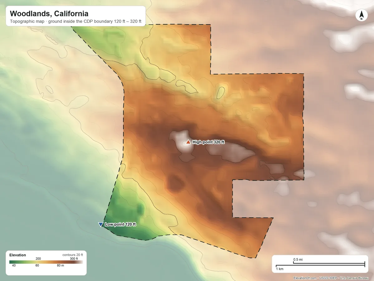 Topographic elevation map of Woodlands, California, shaded from 120 ft on the southwest side to 320 ft near the middle