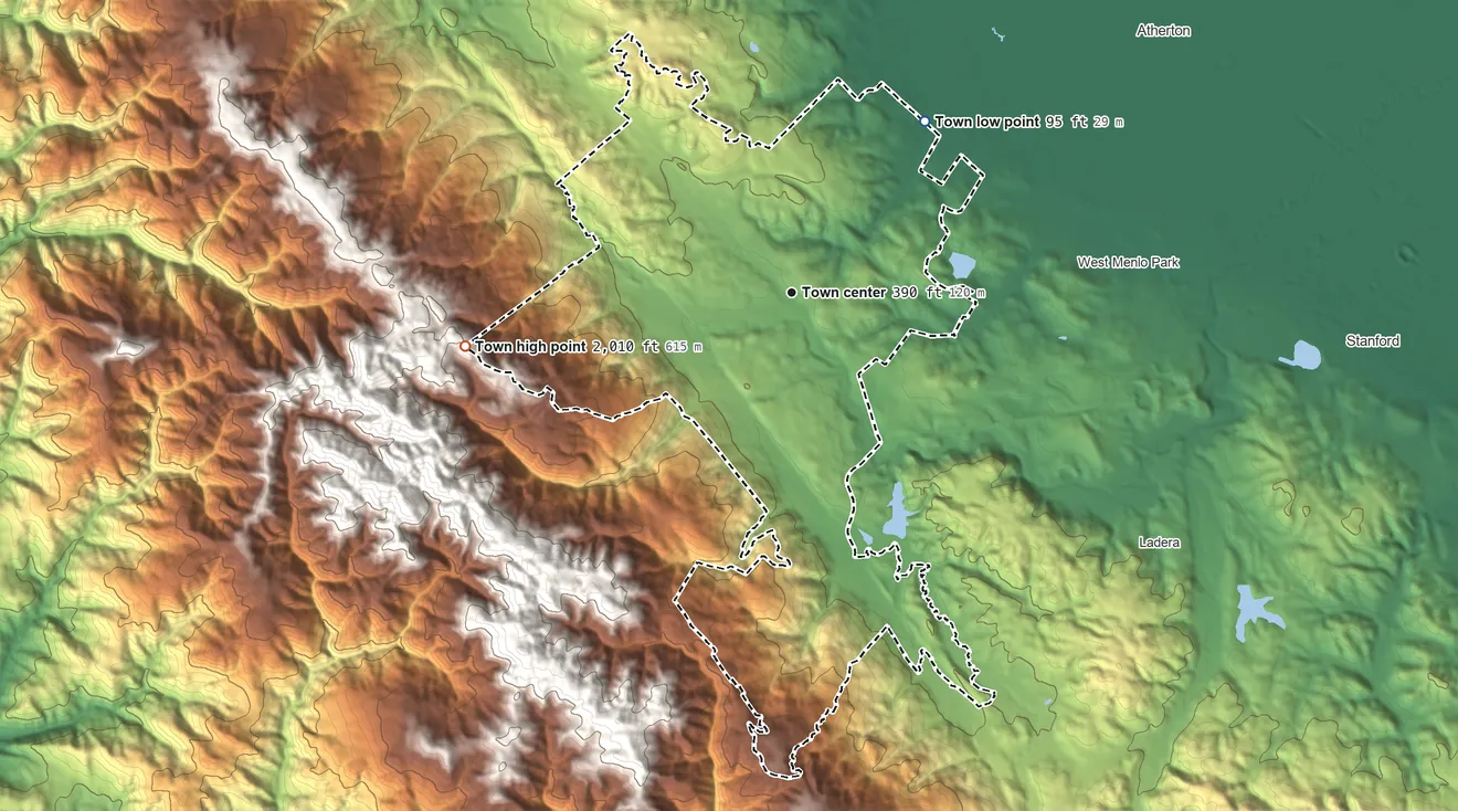Topographic elevation map of Woodside, California, shaded from 95 ft on the northeast side to 2,010 ft at the foot of the Coyote Hills
