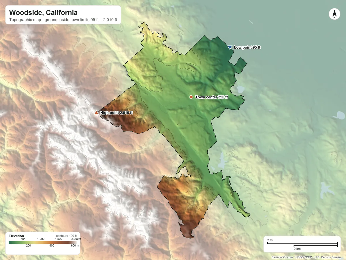 Topographic elevation map of Woodside, California, shaded from 95 ft on the northeast side to 2,010 ft at the foot of the Coyote Hills