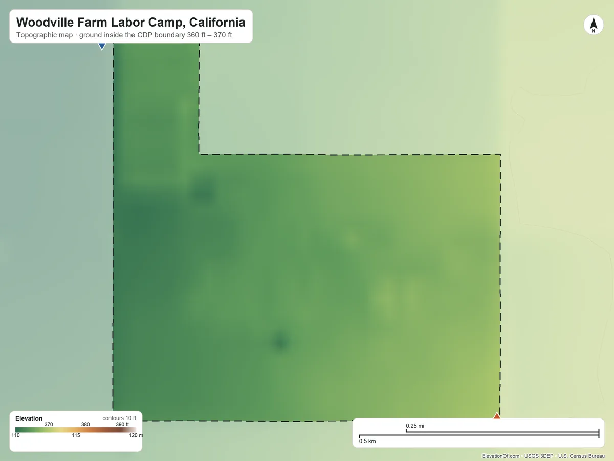 Topographic elevation map of Woodville Farm Labor Camp, California, shaded from 360 ft on the northwest side to 370 ft on the southeast side