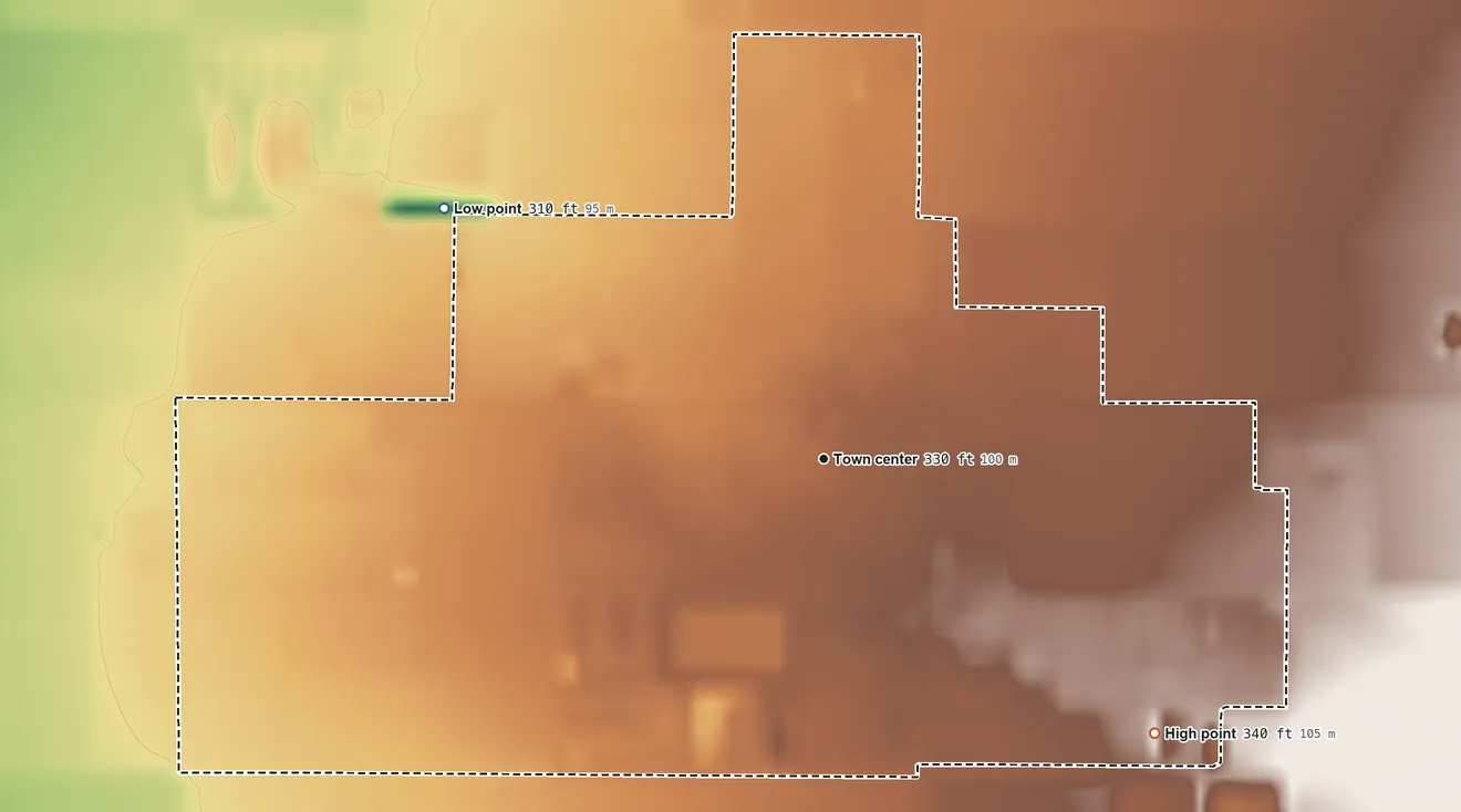 Topographic elevation map of Woodville, California, shaded from 310 ft on the northwest side to 340 ft on the southeast side