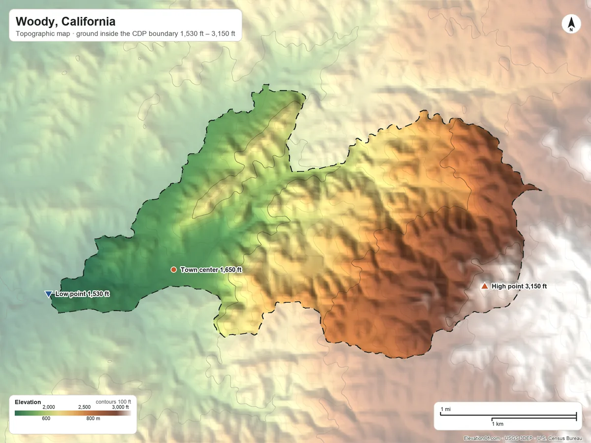 Topographic elevation map of Woody, California, shaded from 1,530 ft on the west side to 3,150 ft on the east edge, below higher ground just outside