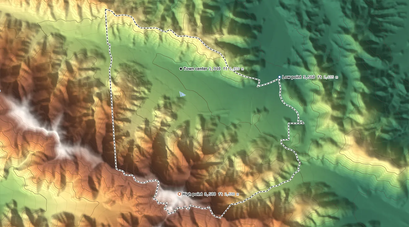 Topographic elevation map of Wrightwood, California, shaded from 5,560 ft on the east side to 8,500 ft on Wright Mountain