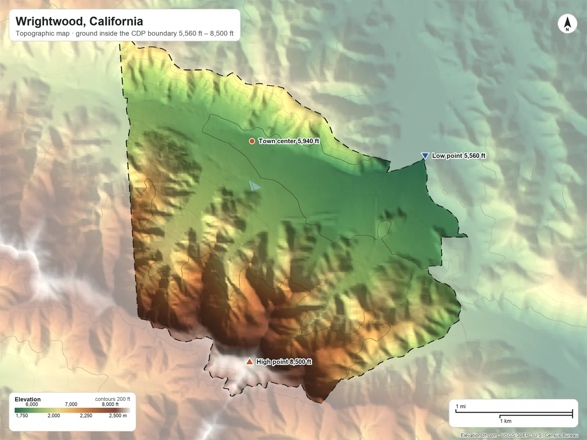 Topographic elevation map of Wrightwood, California, shaded from 5,560 ft on the east side to 8,500 ft on Wright Mountain