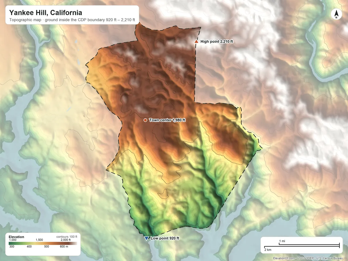 Topographic elevation map of Yankee Hill, California, shaded from 920 ft on the south side to 2,210 ft at the foot of the Campbell Hills