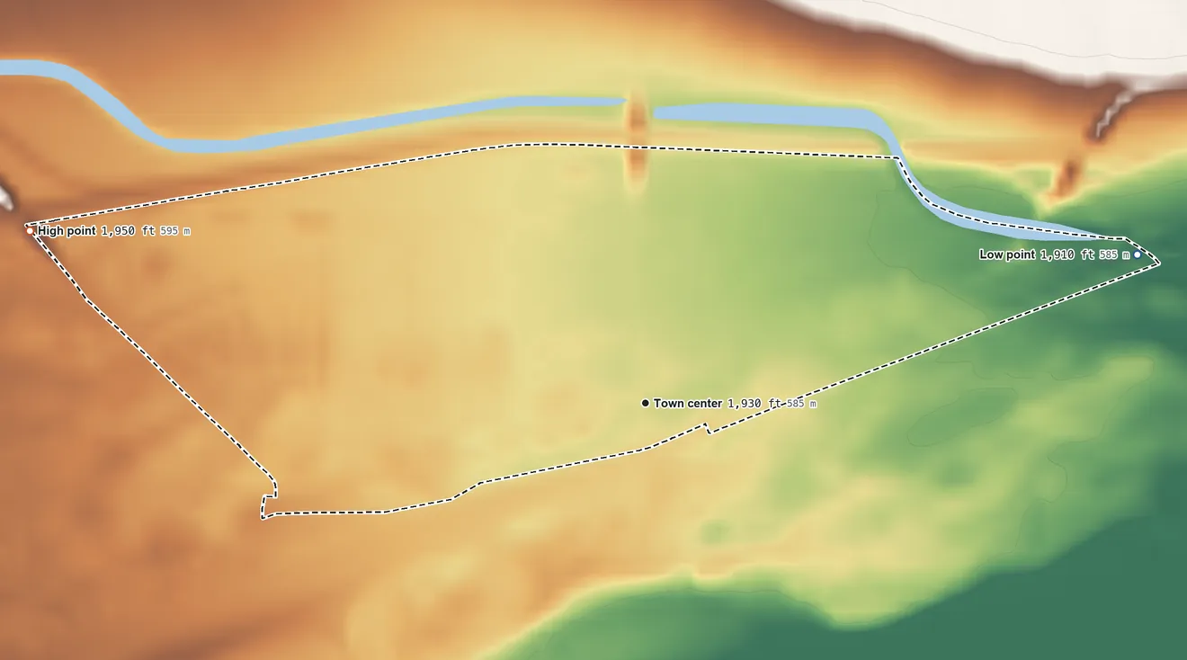 Topographic elevation map of Yermo, California, shaded from 1,910 ft on the east side to 1,950 ft at the foot of the Green Ash Hills