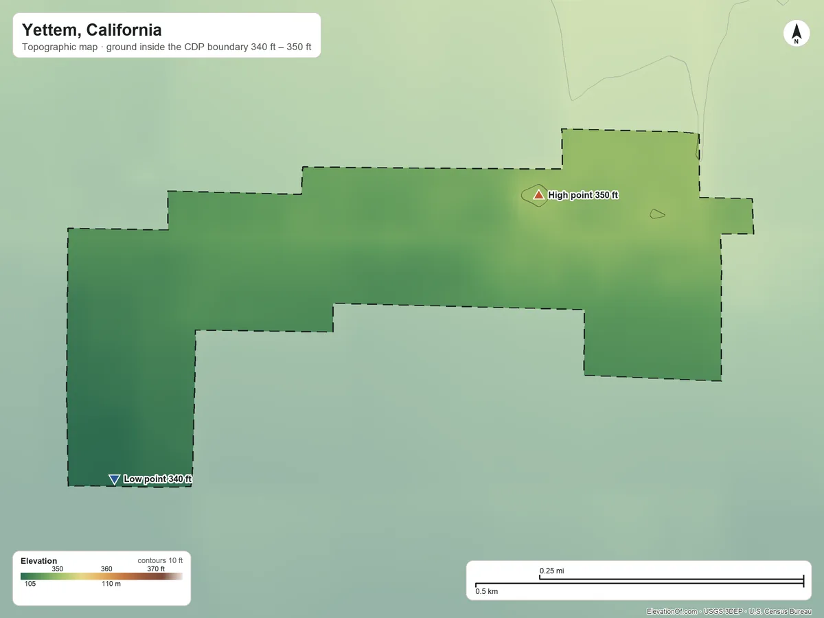 Topographic elevation map of Yettem, California, shaded from 340 ft on the southwest side to 350 ft at the foot of the Venice Hills