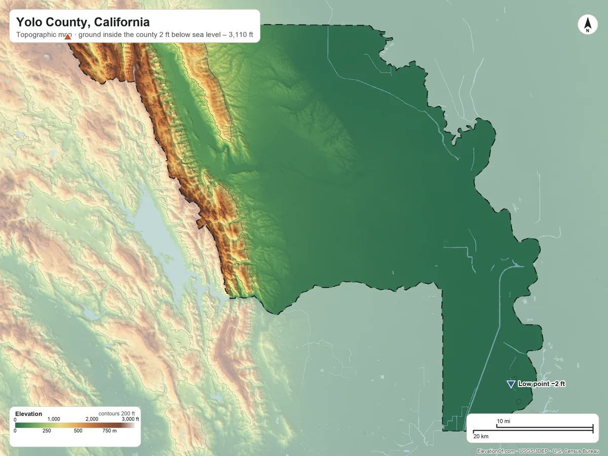 Topographic elevation map of Yolo County, California, shaded from 2 ft below sea level on the southeast side to 3,110 ft on the northwest side