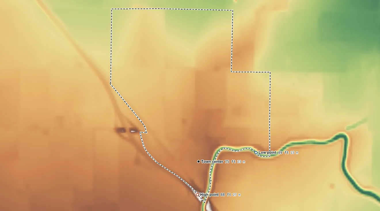 Topographic elevation map of Yolo, California, shaded from 49 ft on the east side to 88 ft on the south side