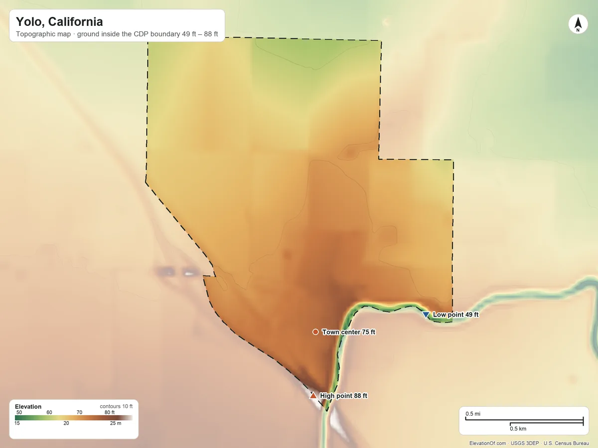 Topographic elevation map of Yolo, California, shaded from 49 ft on the east side to 88 ft on the south side