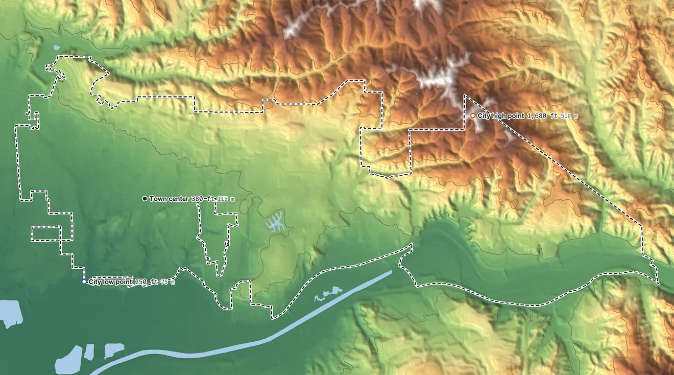 Topographic elevation map of Yorba Linda, California, shaded from 250 ft on the southwest side to 1,680 ft on the east side