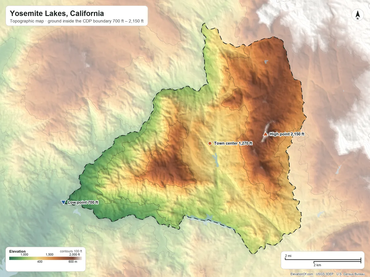 Topographic elevation map of Yosemite Lakes, California, shaded from 700 ft on the west side to 2,150 ft on Revis Mountain