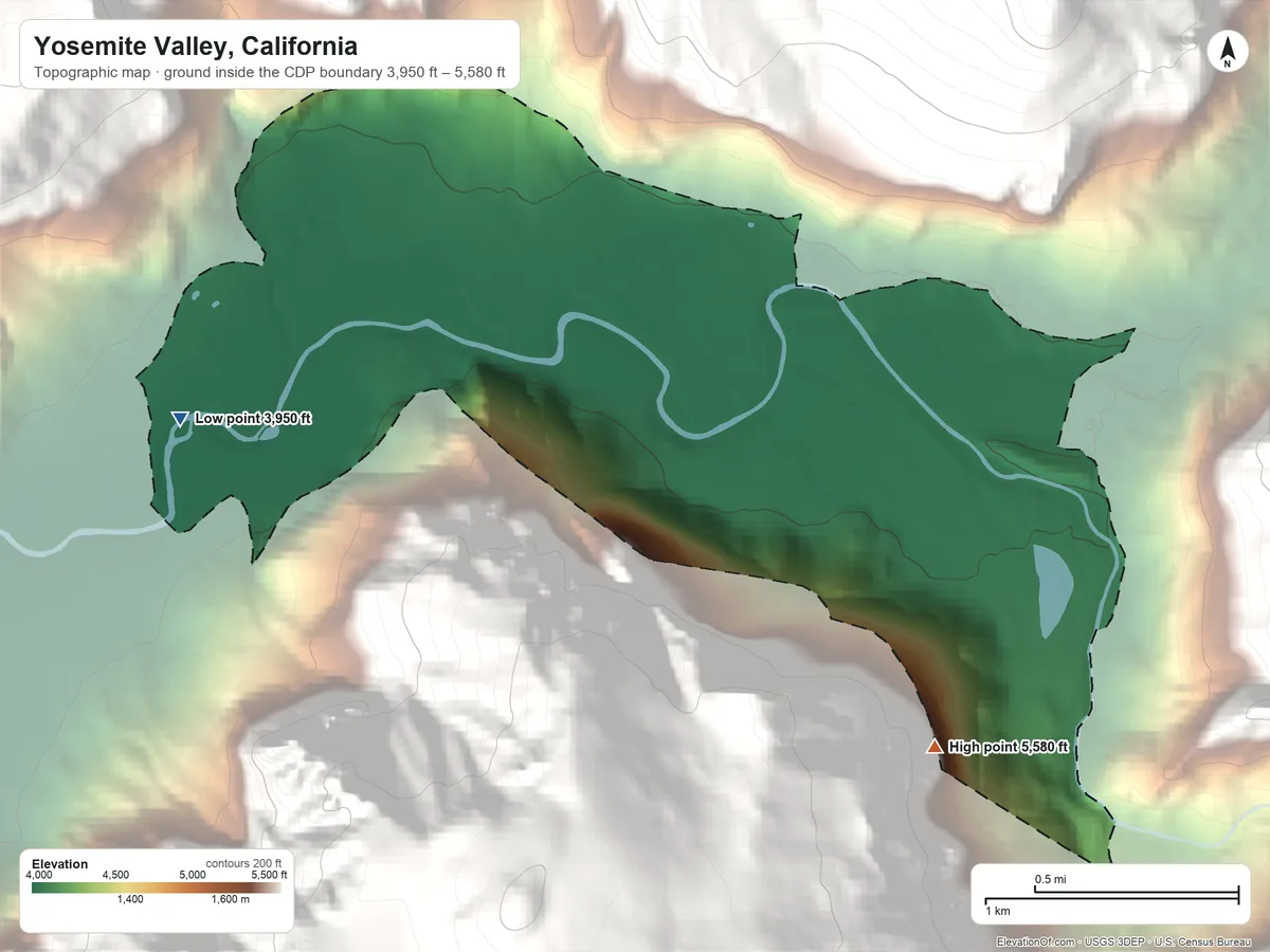 Topographic elevation map of Yosemite Valley, California, shaded from 3,950 ft on the southwest side to 5,580 ft at the foot of the Clark Range