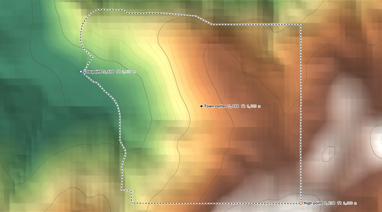 Topographic elevation map of Yosemite West, California, shaded from 5,480 ft on the west side to 6,230 ft at the foot of the Chowchilla Mountains