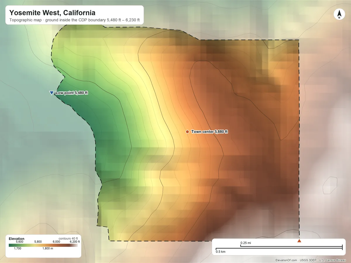 Topographic elevation map of Yosemite West, California, shaded from 5,480 ft on the west side to 6,230 ft at the foot of the Chowchilla Mountains