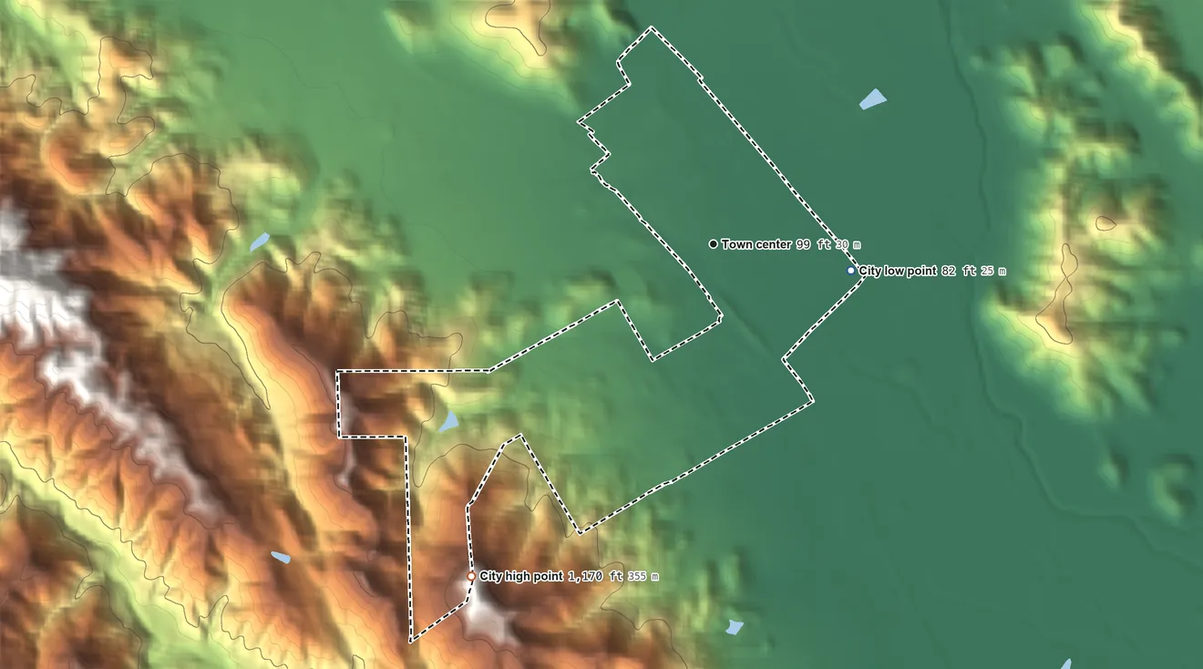Topographic elevation map of Yountville, California, shaded from 82 ft on the east side to 1,170 ft on the southwest edge, below higher ground just outside