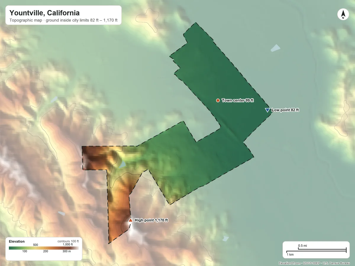Topographic elevation map of Yountville, California, shaded from 82 ft on the east side to 1,170 ft on the southwest edge, below higher ground just outside