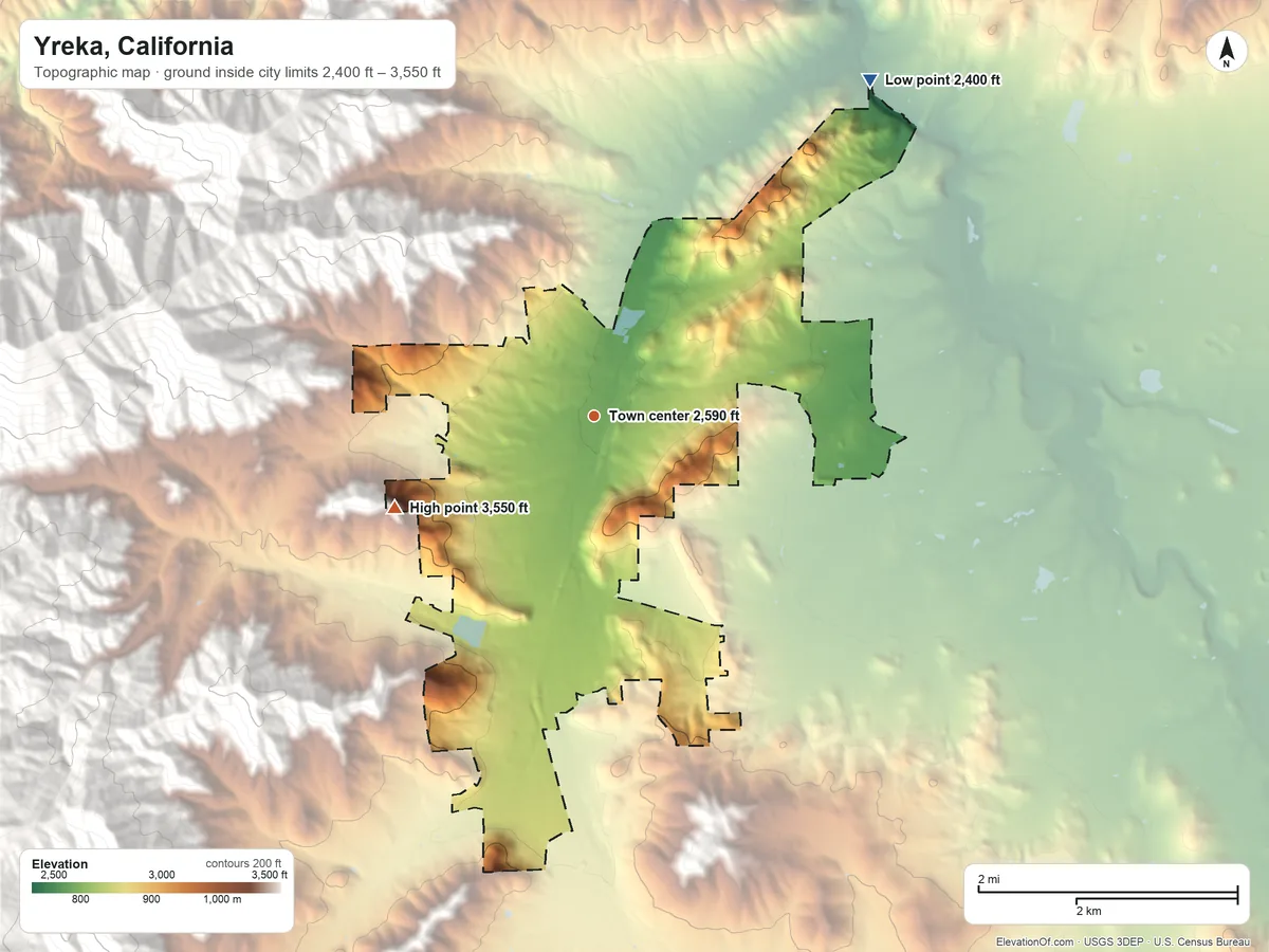 Topographic elevation map of Yreka, California, shaded from 2,400 ft on the northeast side to 3,550 ft at the foot of the Kilgore Hills