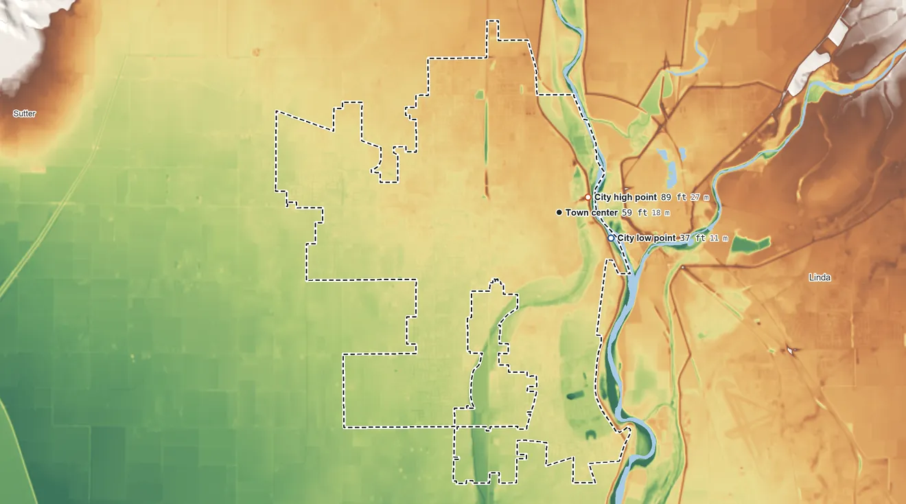 Topographic elevation map of Yuba City, California, shaded from 37 ft near the middle to 89 ft near the middle