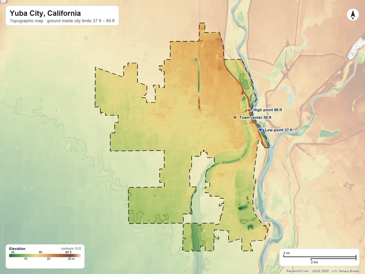 Topographic elevation map of Yuba City, California, shaded from 37 ft near the middle to 89 ft near the middle
