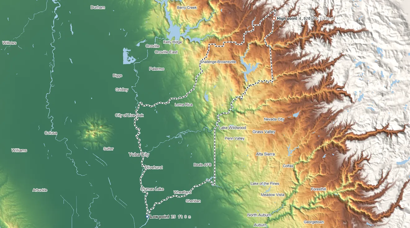 Topographic elevation map of Yuba County, California, shaded from 25 ft on the southwest side to 4,820 ft on the northeast side