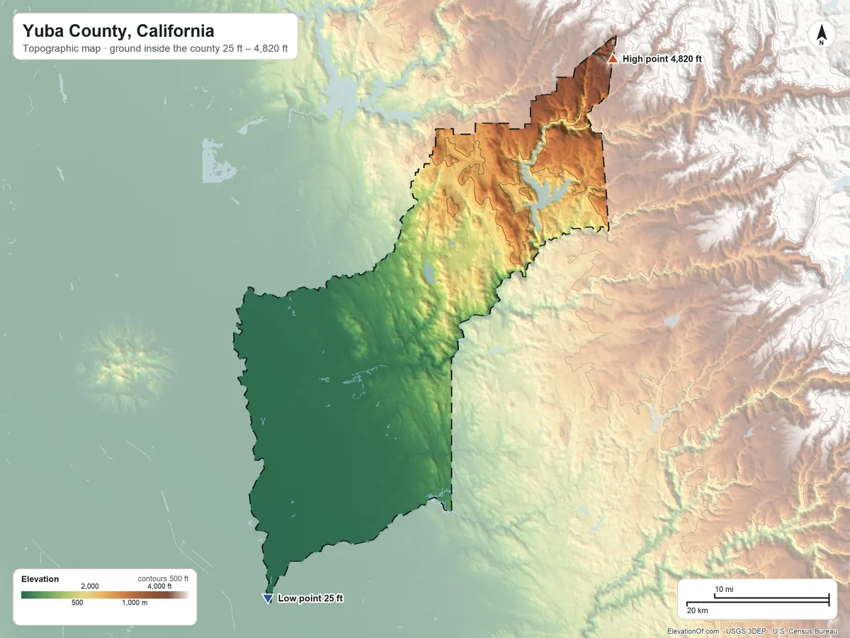 Topographic elevation map of Yuba County, California, shaded from 25 ft on the southwest side to 4,820 ft on the northeast side