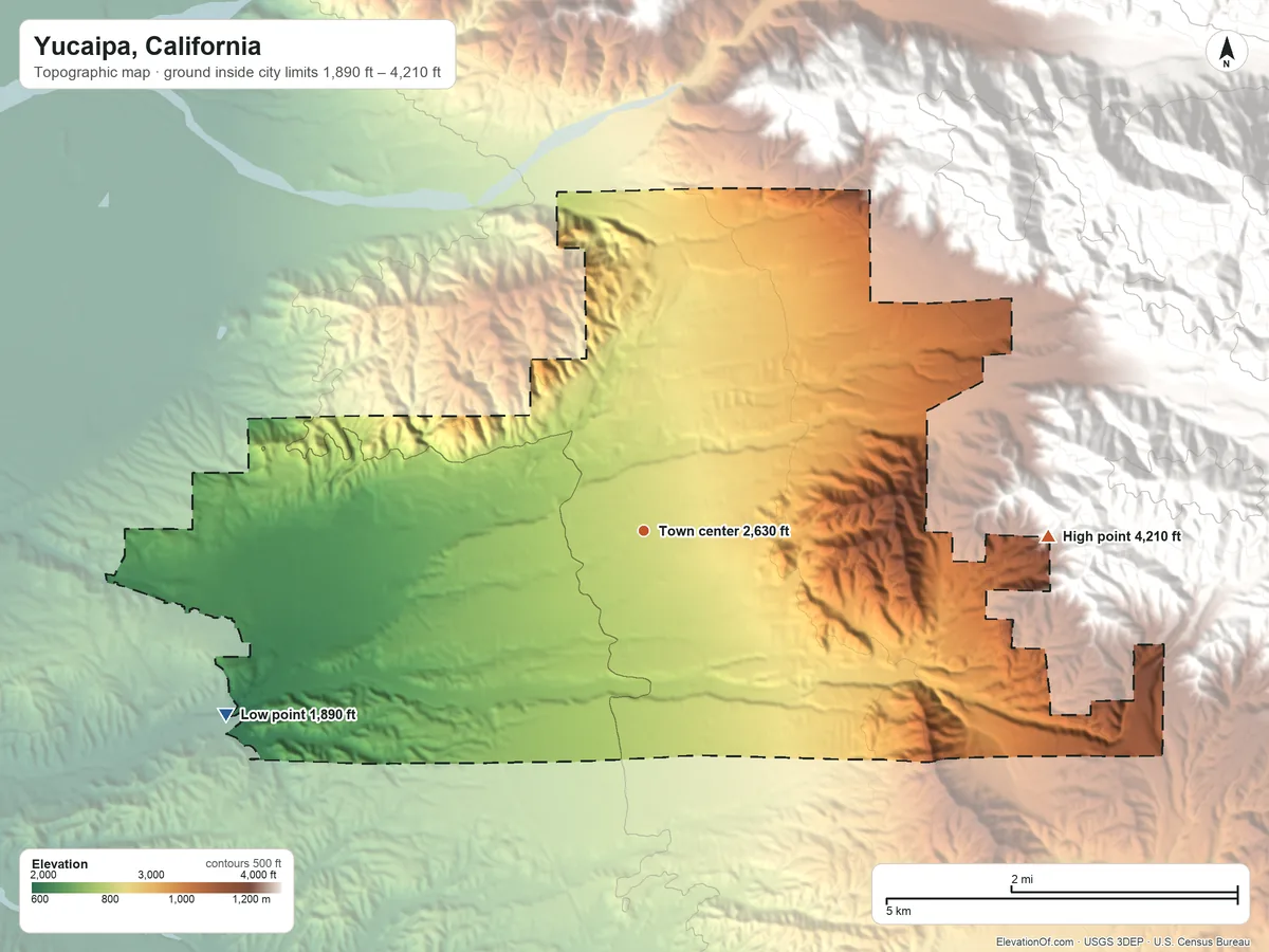 Topographic elevation map of Yucaipa, California, shaded from 1,890 ft on the southwest side to 4,210 ft at the foot of the Crafton Hills
