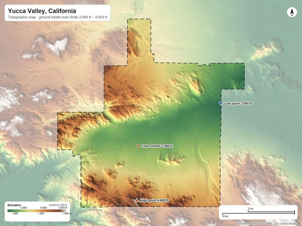 Topographic elevation map of Yucca Valley, California, shaded from 3,090 ft on the northeast side to 4,600 ft on the south side